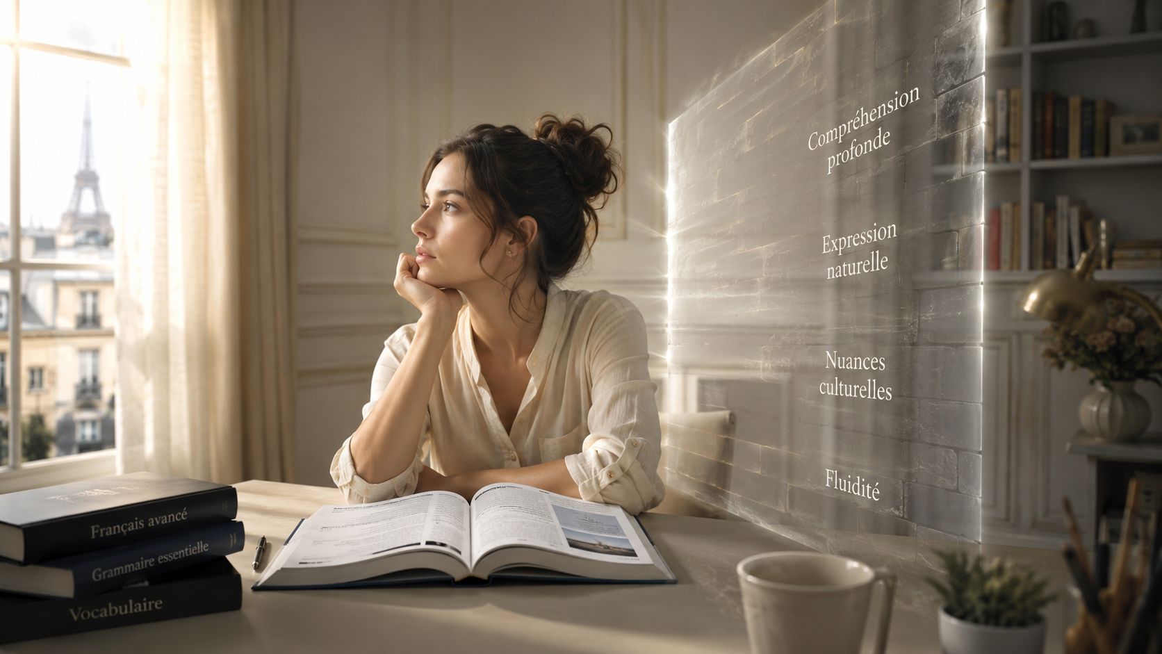A woman studying French in a sunlit room with the Eiffel Tower in the background