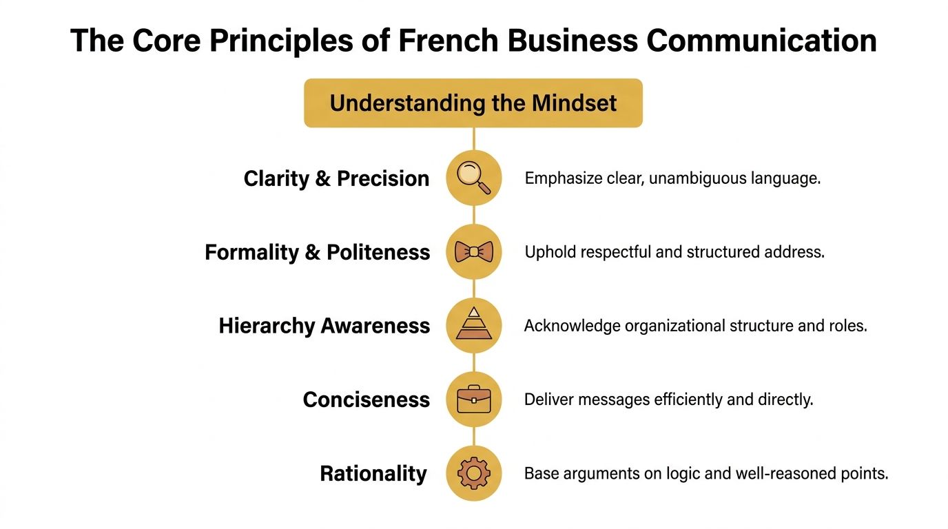 A vertical infographic illustrating the five core principles of French business communication, including clarity, formality, and logic.