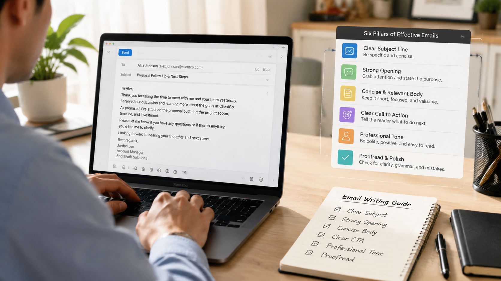 A person writing a professional business email on a laptop while following an email writing guide.