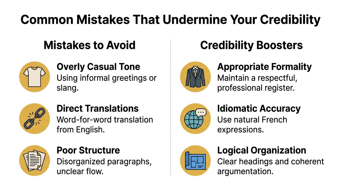 A comparison chart listing common mistakes to avoid and positive credibility boosters for professional French business writing.