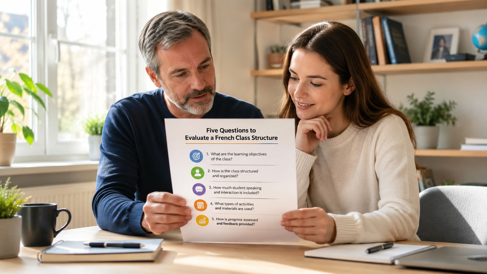 A man and woman review a document titled Five Questions to Evaluate a French Class Structure together.