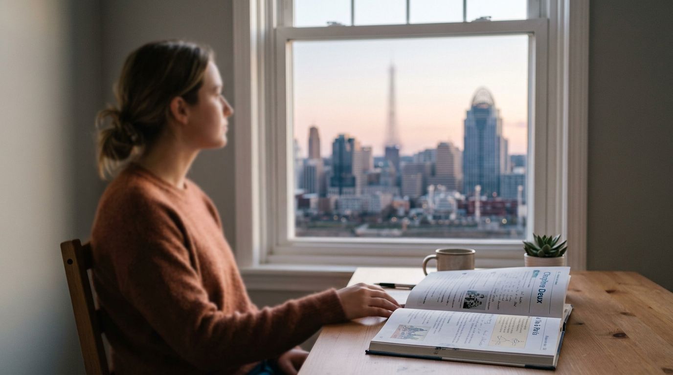 A woman sits at a desk reading a French textbook while looking out at the Cincinnati skyline.