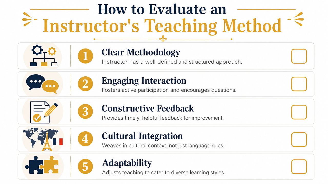 A checklist titled How to Evaluate an Instructor's Teaching Method with five key criteria for language teachers.
