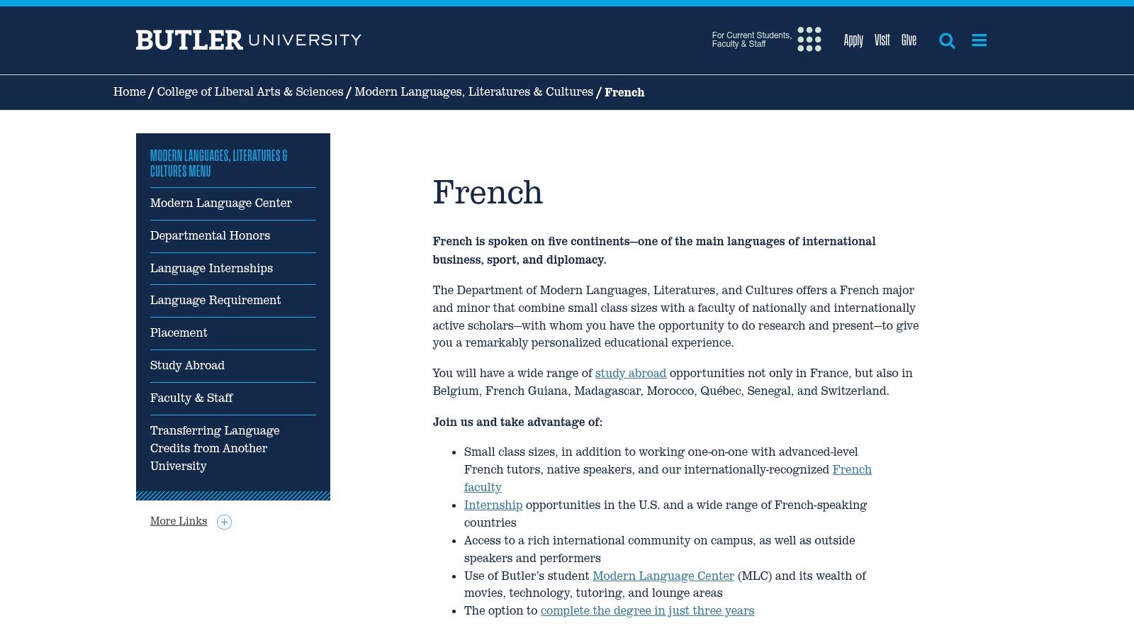 Butler University, French (Department of Modern Languages, Literatures & Cultures)