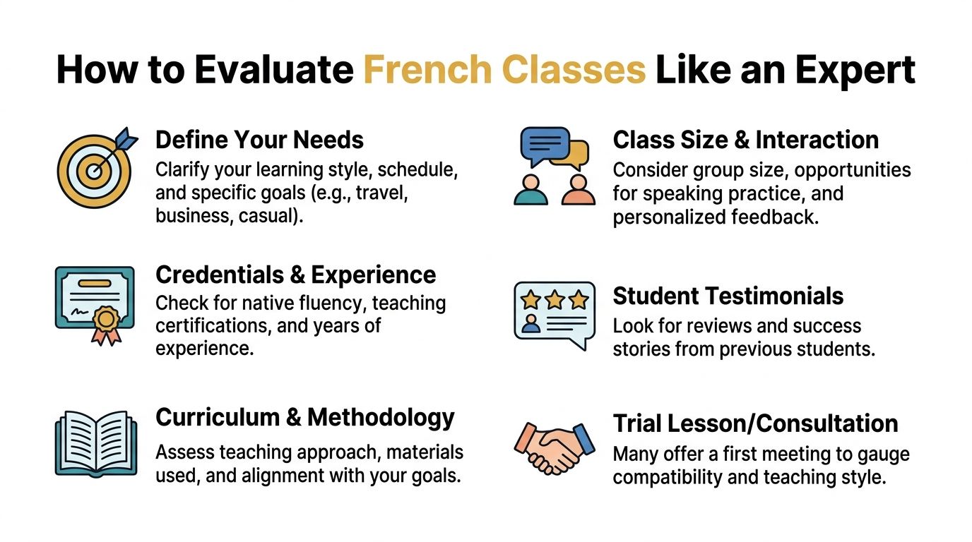 A guide infographic with six tips for choosing the best French language classes for your needs.