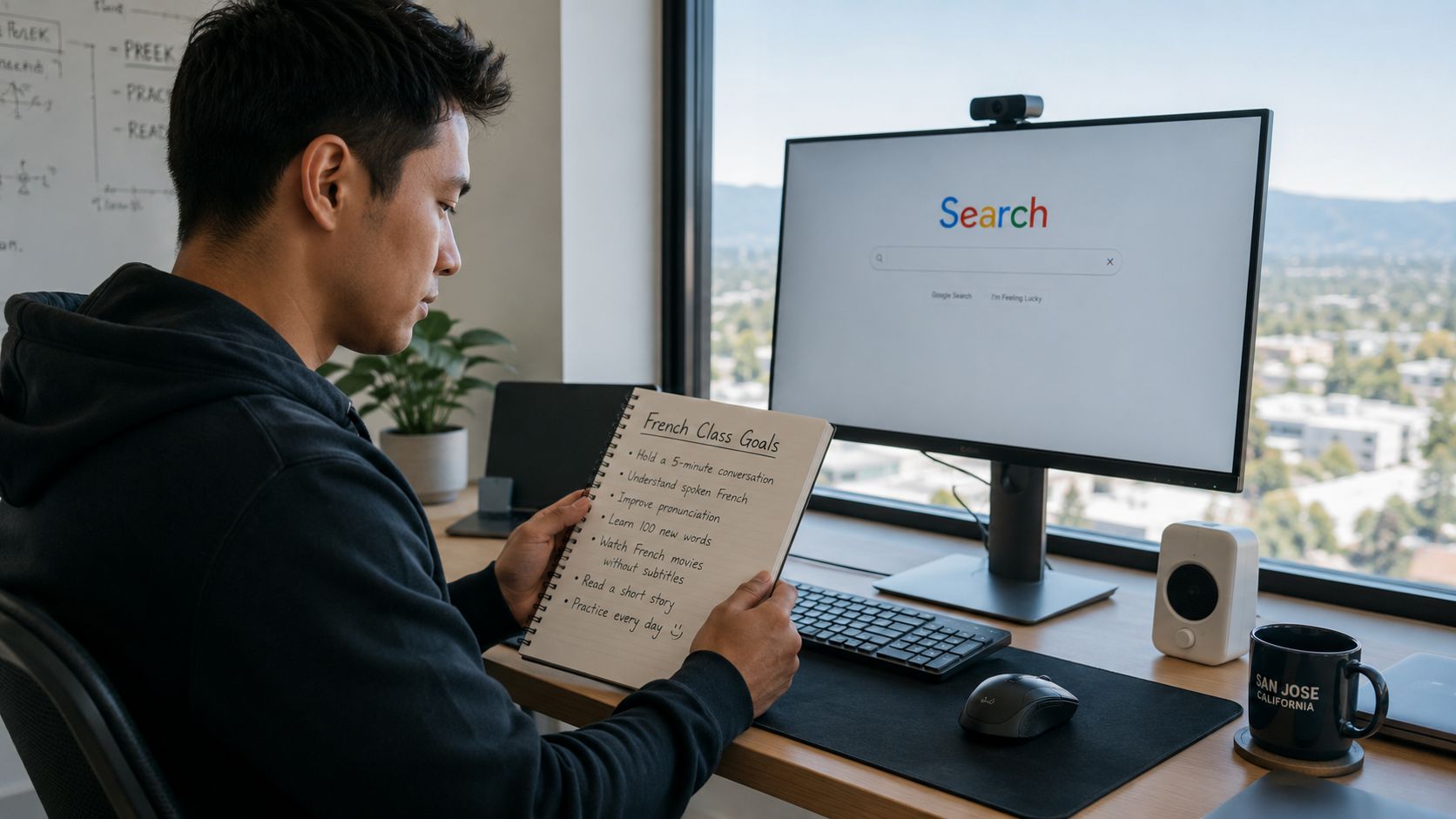 A young man sitting at a desk with a notebook showing French language learning goals.