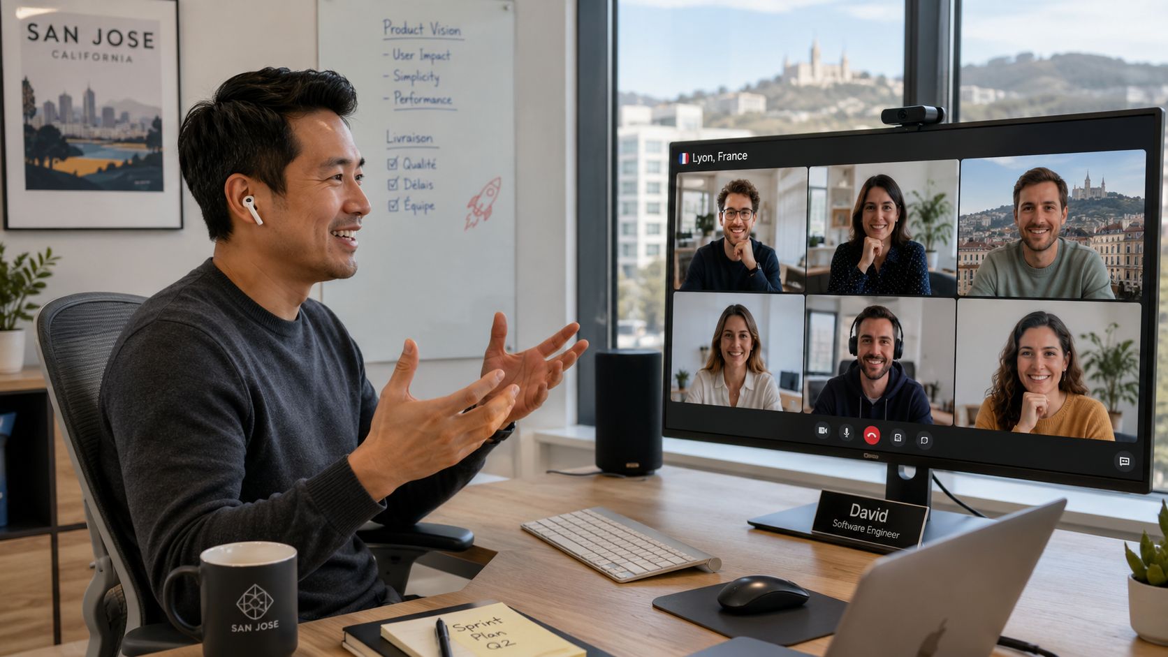 A smiling man participates in a professional video conference with colleagues in Lyon from his home office.