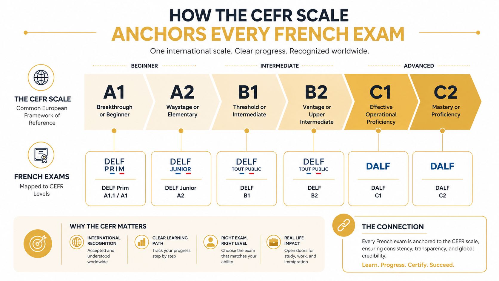 A diagram illustrating how French language exams like DELF and DALF align with CEFR proficiency levels.