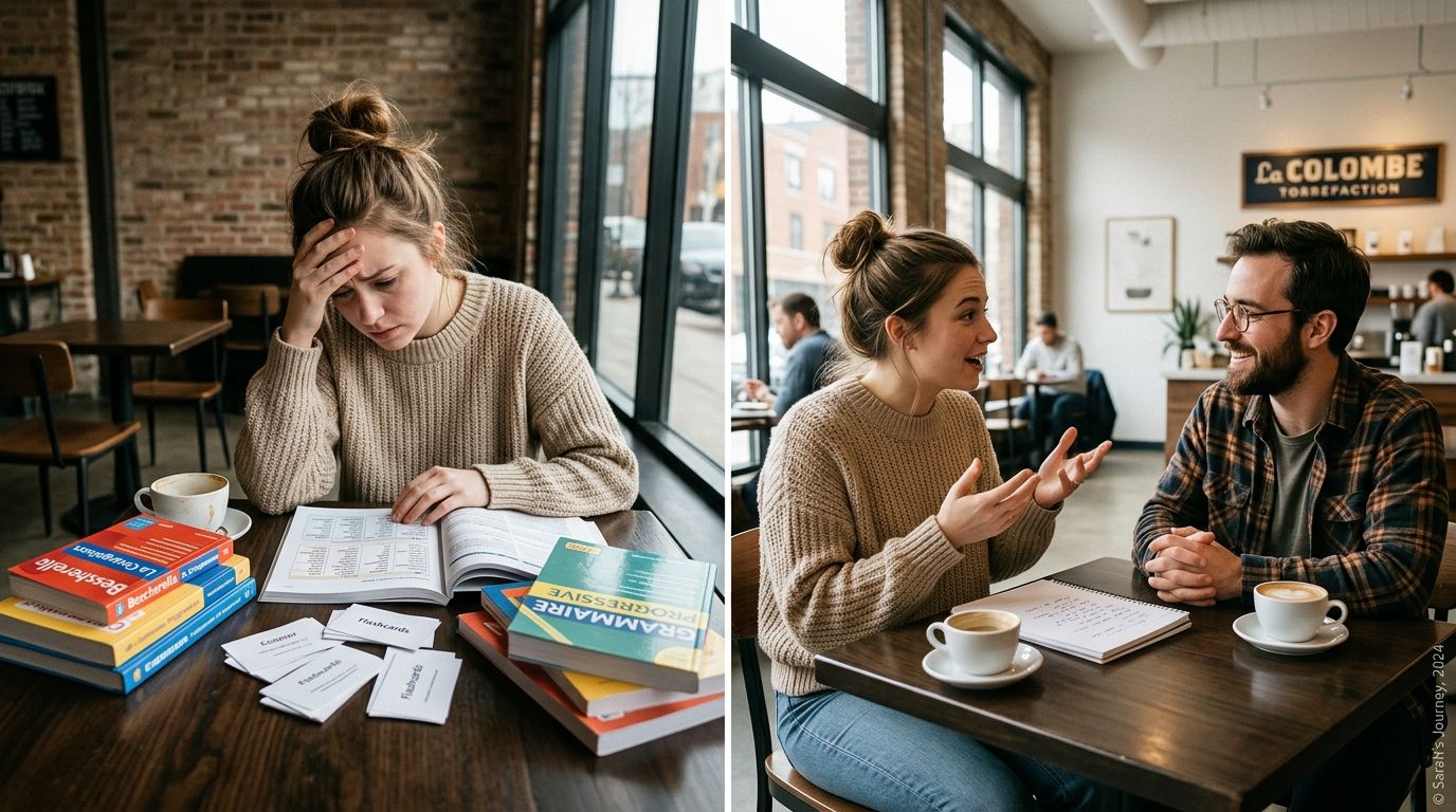A young woman studying French at a Chicago cafe, first struggling alone and then discussing with a tutor.