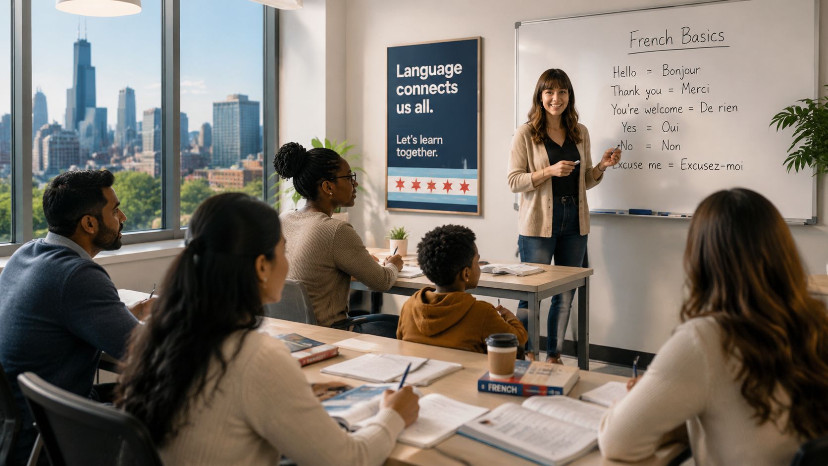 A diverse group of students attends a French language class with a teacher in a Chicago office.