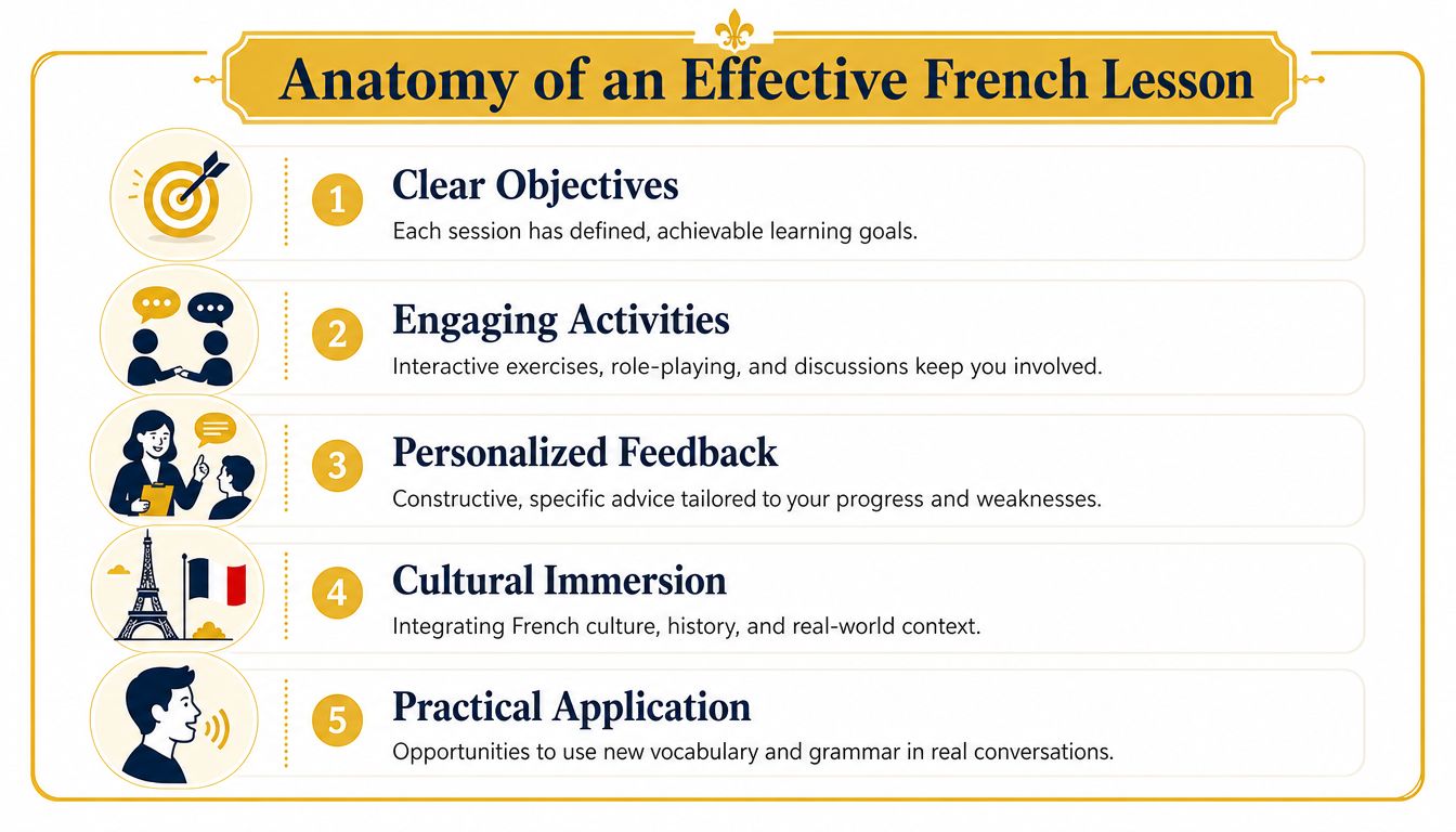 An infographic detailing the five key components of an effective French lesson for students.