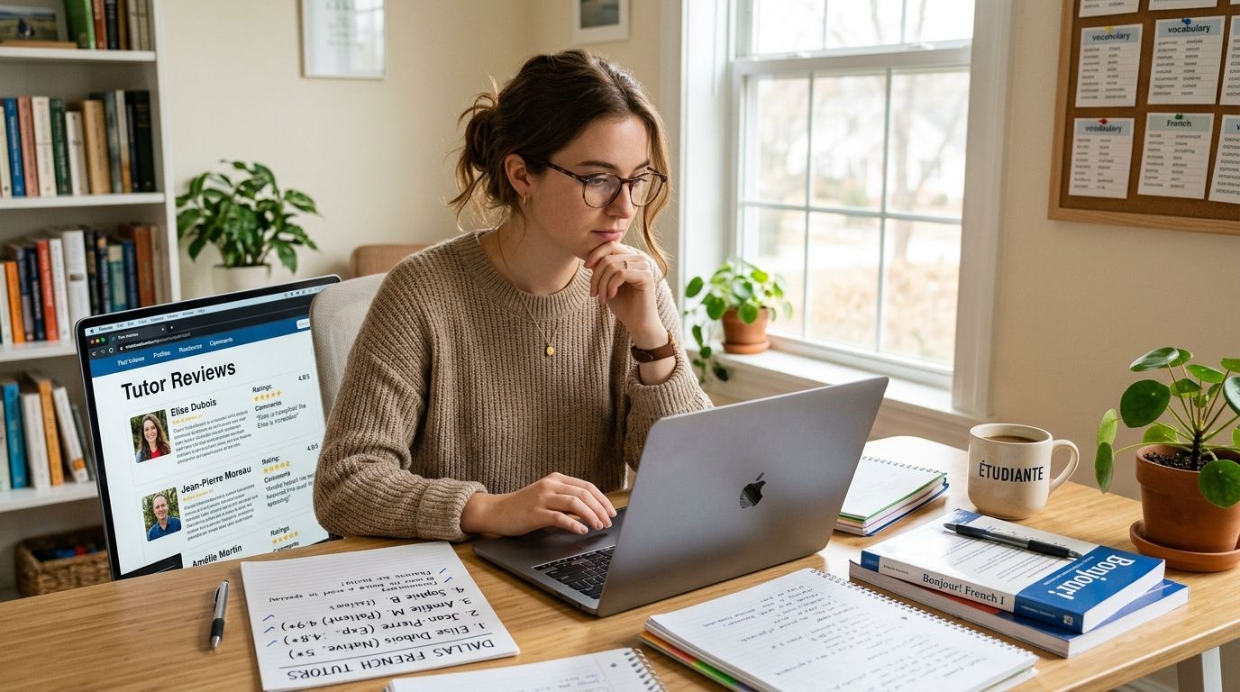 A young woman studying French at her desk with a laptop, notebooks, and a language textbook.