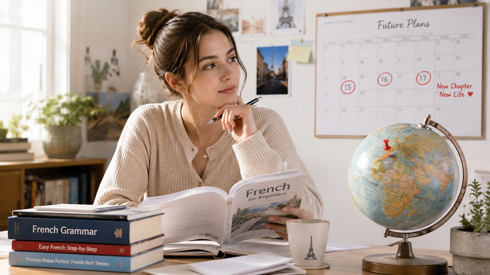 A woman studying French with books, a globe, and a calendar planning a new life abroad.