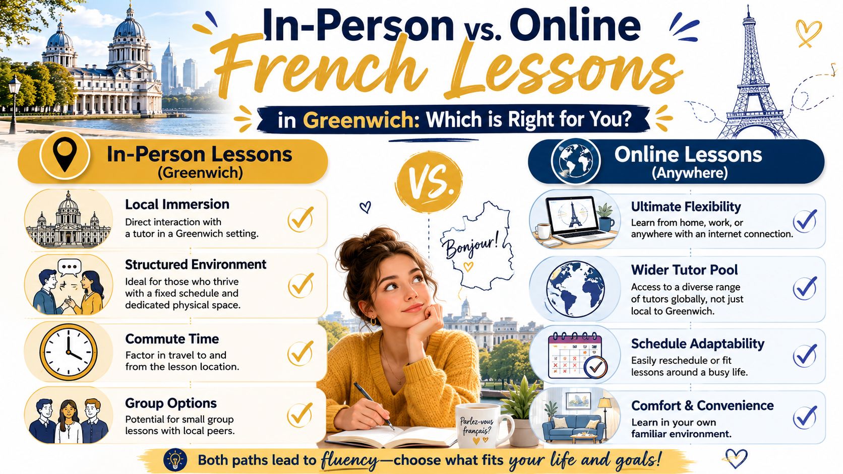 An infographic comparing in-person French lessons in Greenwich to online learning options for students.
