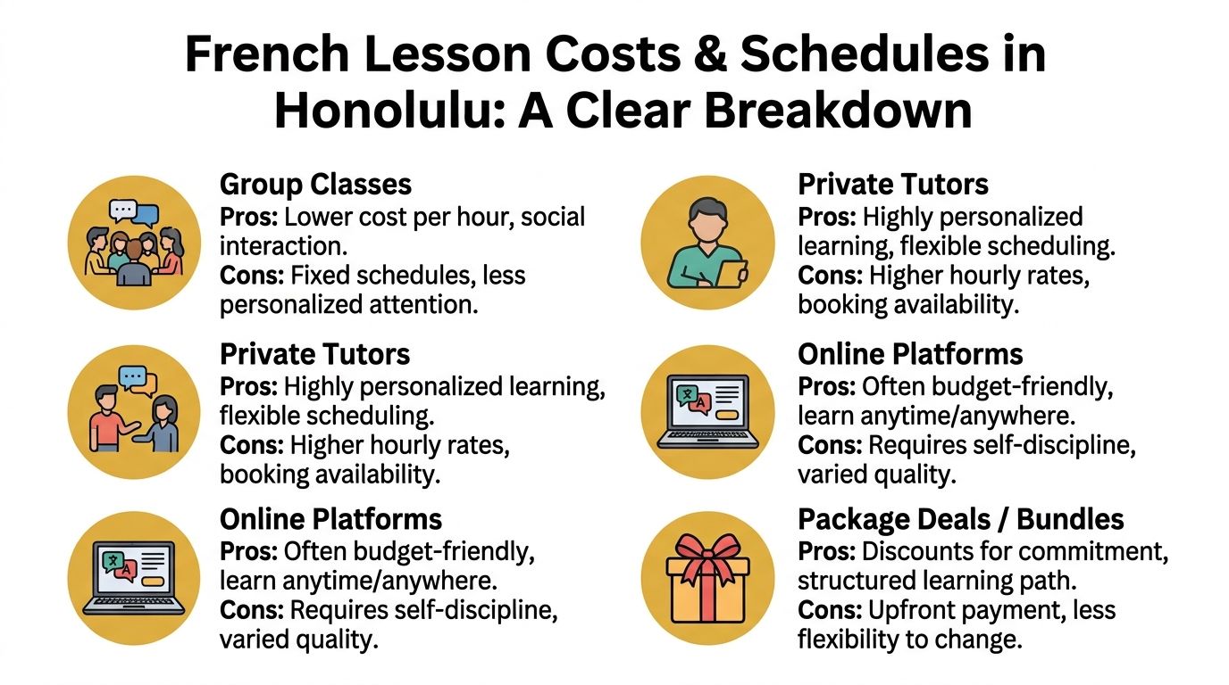An infographic breakdown comparing the pros and cons of different French learning methods available in Honolulu.