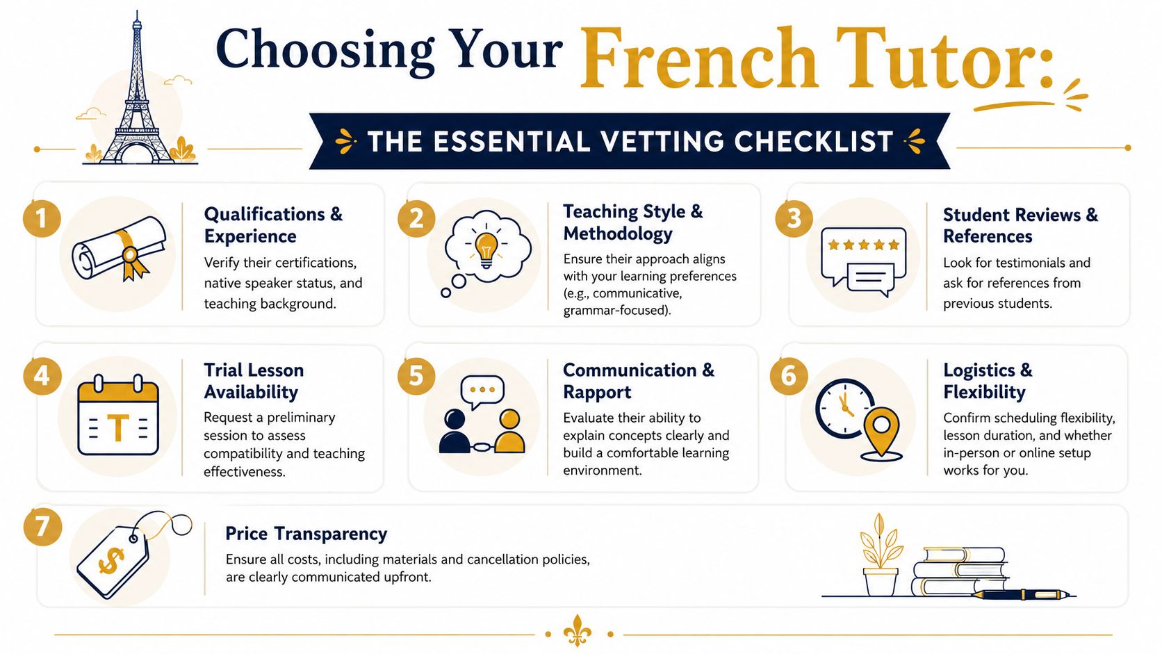 An infographic listing seven essential factors for vetting a professional French tutor before starting lessons.