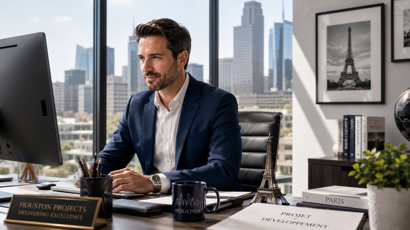 A professional man in a business suit working at his desk in a modern Houston office.