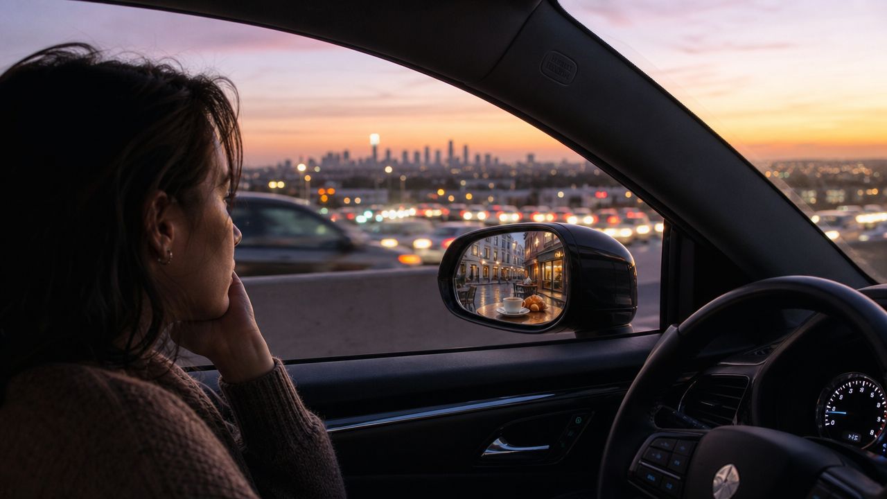A woman looks out a car window at a city skyline while imagining a Parisian cafe scene.