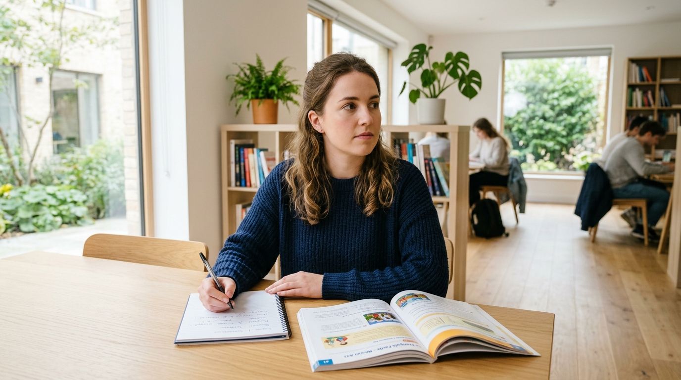 A young woman studying French at a wooden desk in a bright, modern library setting.