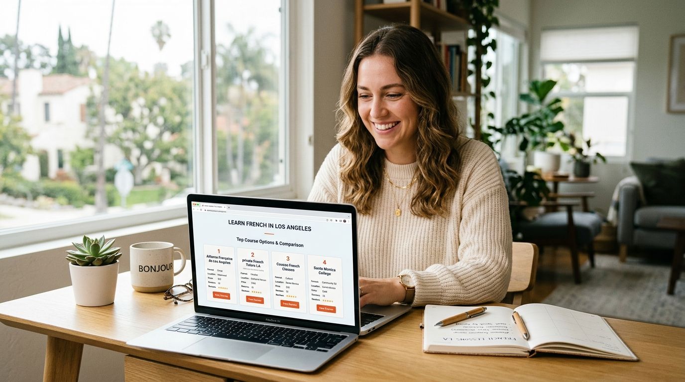A smiling woman sitting at a desk while researching French language learning courses in Los Angeles on her laptop.