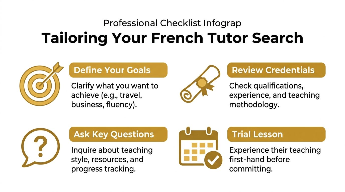 A professional infographic titled Tailoring Your French Tutor Search, featuring four essential steps for finding a tutor.