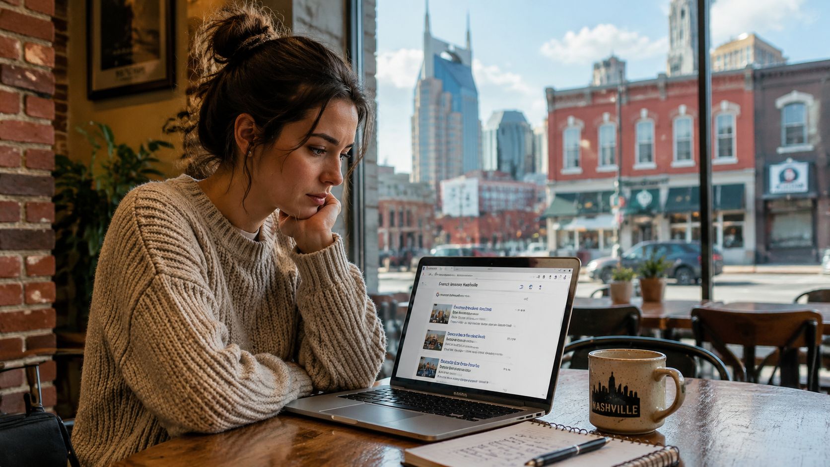 A young woman wearing a sweater sits in a cafe looking at French lessons on her laptop.