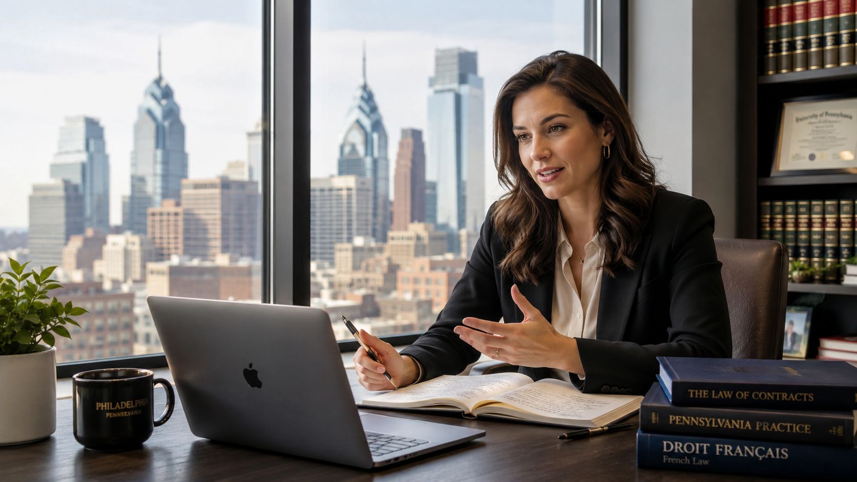 A professional woman in a suit consults legal textbooks and a laptop in a Philadelphia high-rise office.