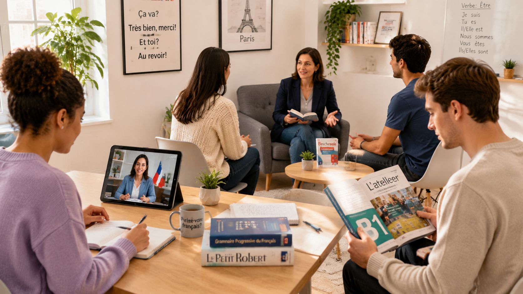A small group of students participating in an interactive French language class with an instructor