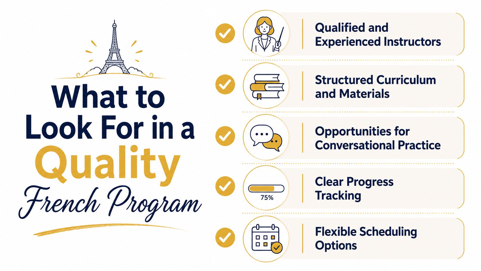 An infographic showing five key elements to look for in a high quality French language program.