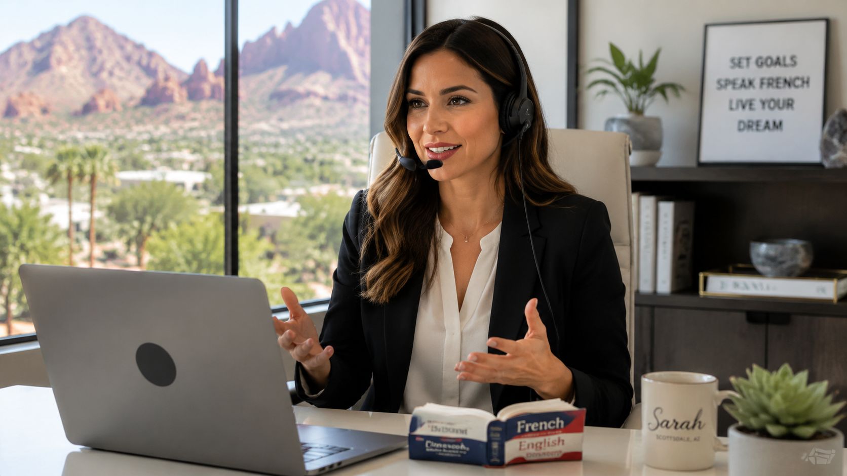 A professional woman wearing a headset teaching French online while sitting in a bright office space.