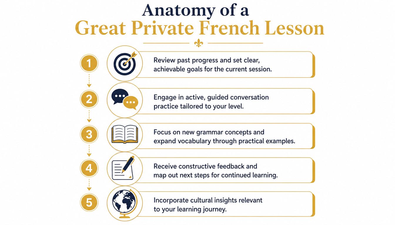 A five-step infographic titled Anatomy of a Great Private French Lesson outlining effective tutoring session strategies.