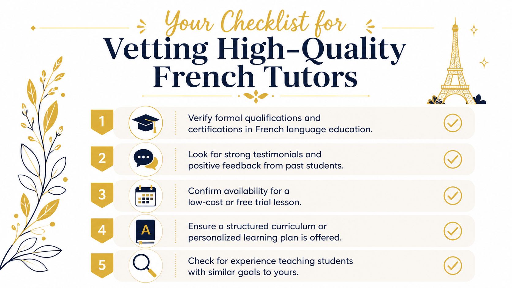 A checklist for vetting high-quality French tutors displayed as a five-step infographic with icons.