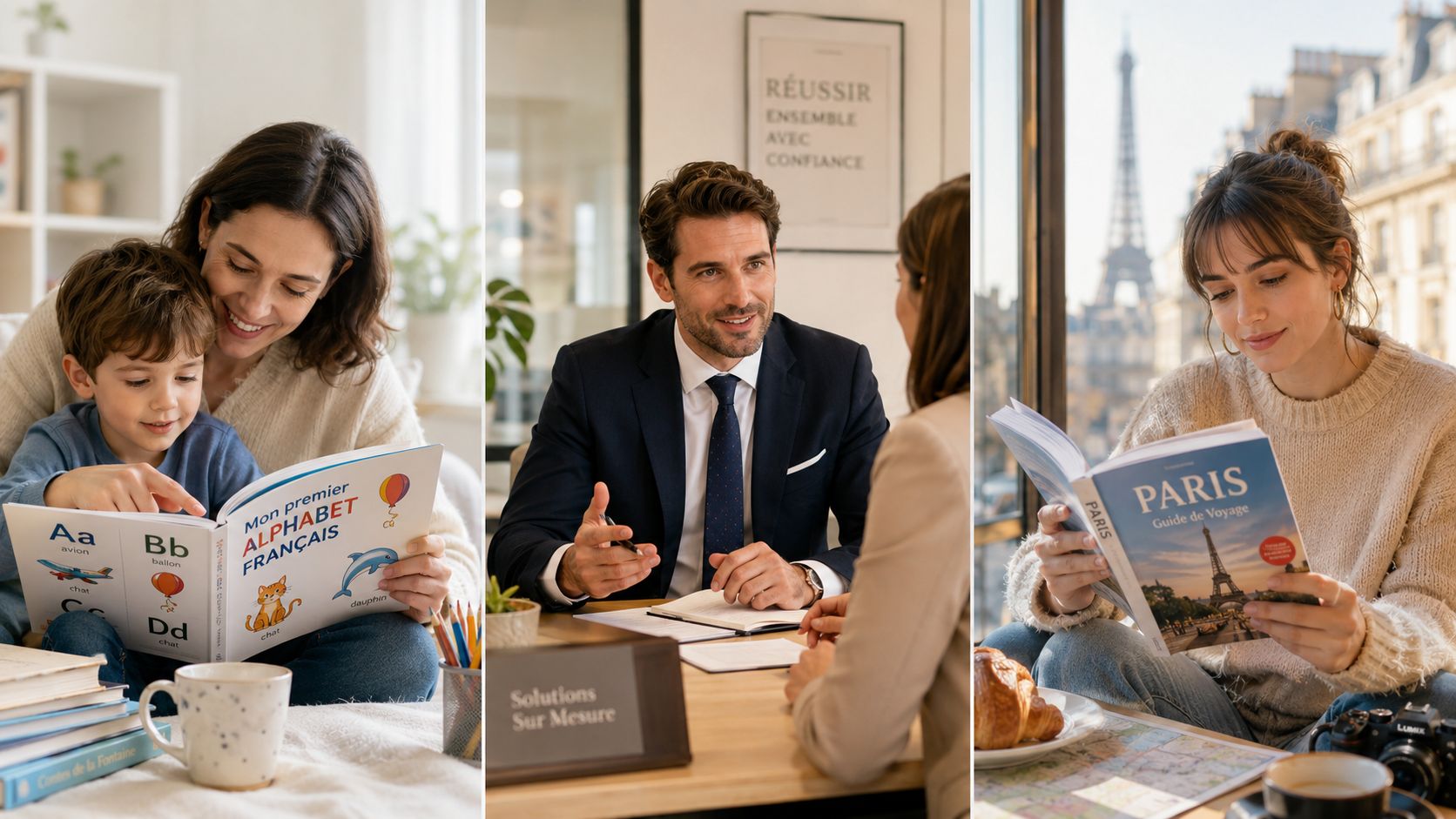 A triptych showing a mother reading with her child, a business meeting, and a woman reading about Paris.