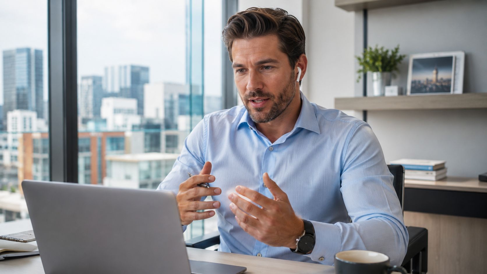 A professional man with a beard wearing a blue shirt having a video call on his laptop.