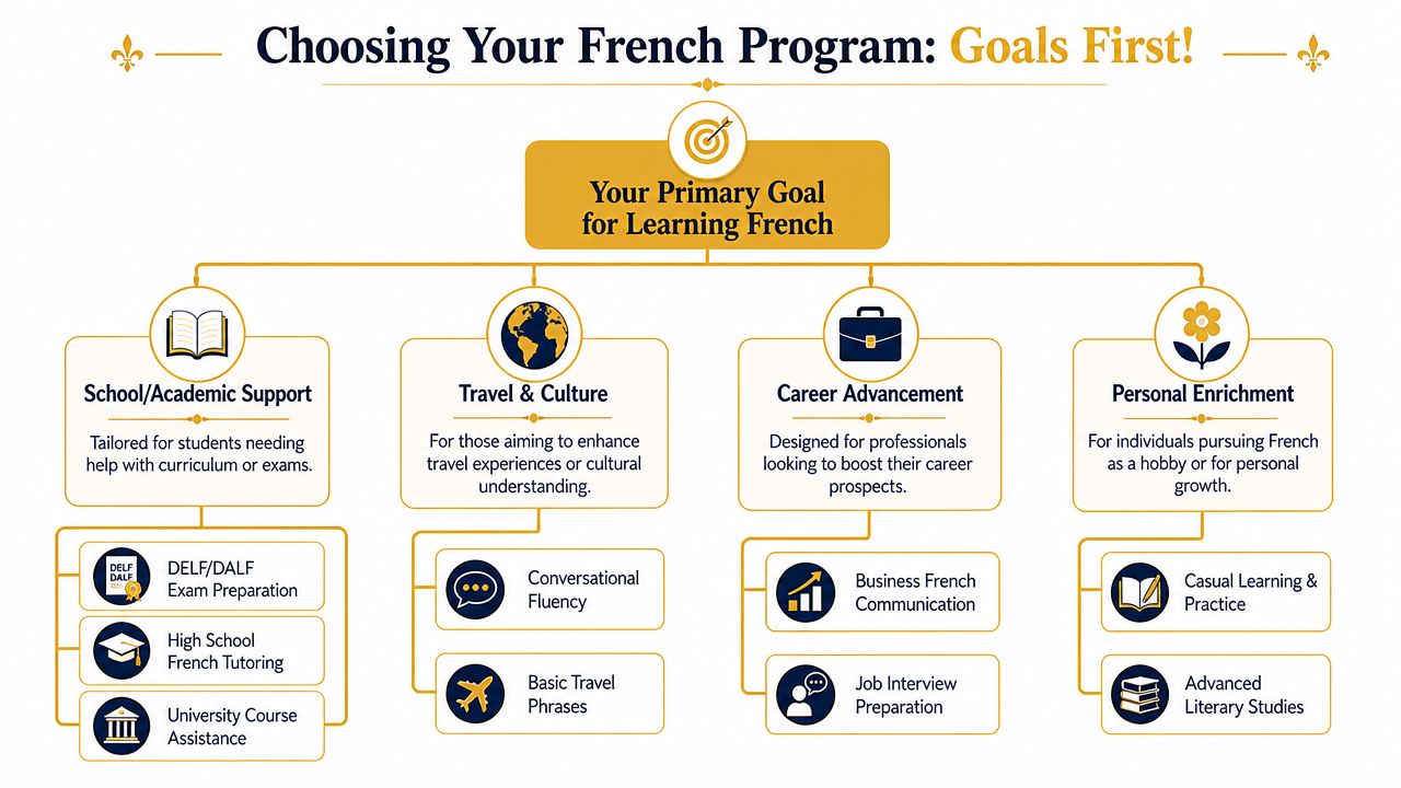 An infographic flowchart guiding learners to select the best French program based on their specific personal goals.
