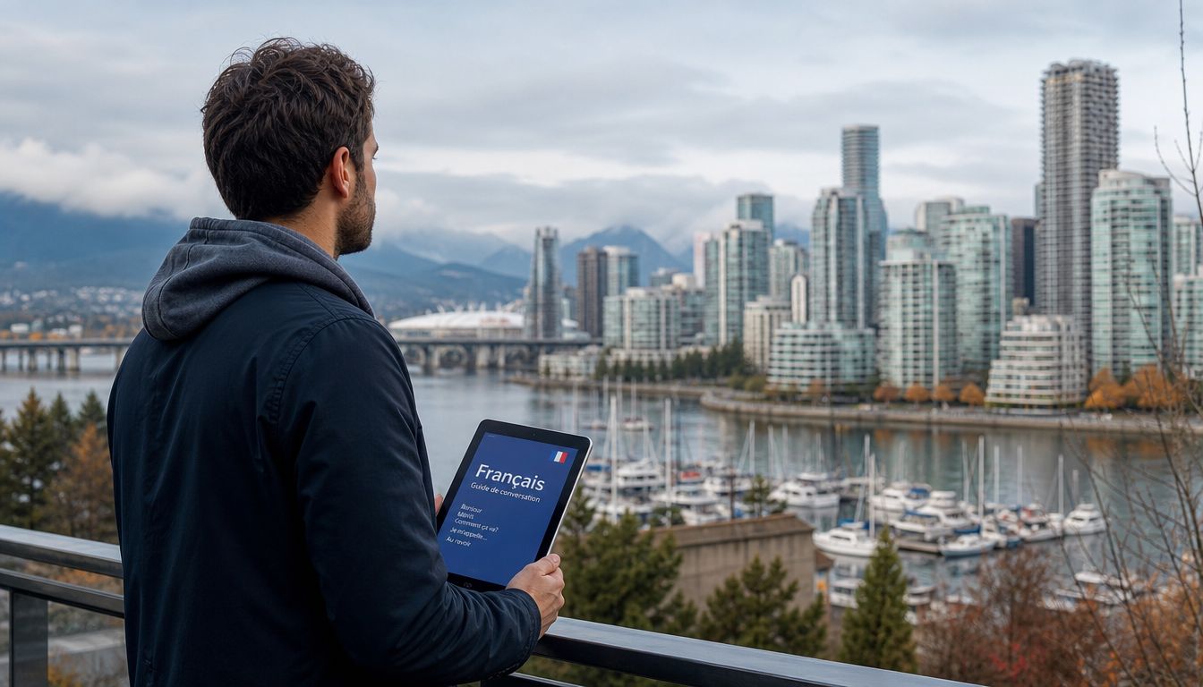 A man holds a tablet displaying a French language guide while looking out at the Vancouver skyline.