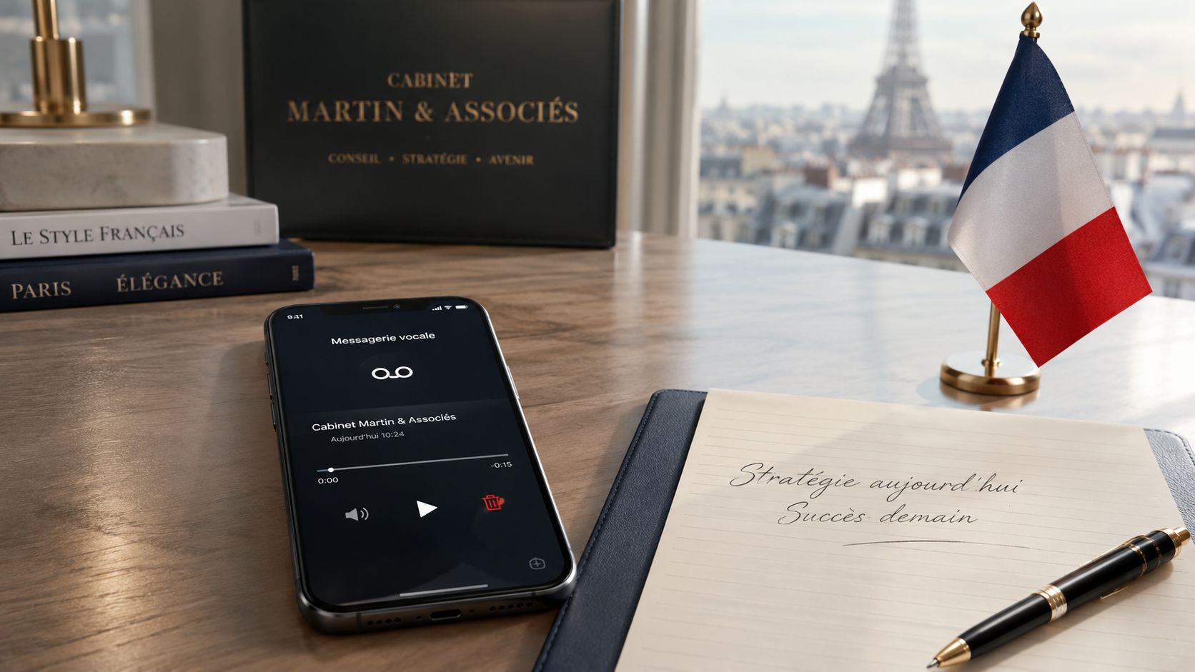 A smartphone showing a voicemail from Cabinet Martin et Associes on an office desk with a French flag.