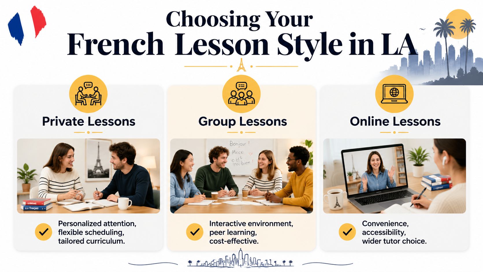 A guide comparing private, group, and online French lesson options for students located in Los Angeles.