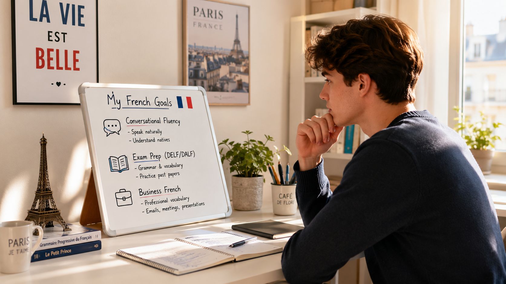 A young man sits at a desk focusing on a whiteboard listing his French language learning goals.