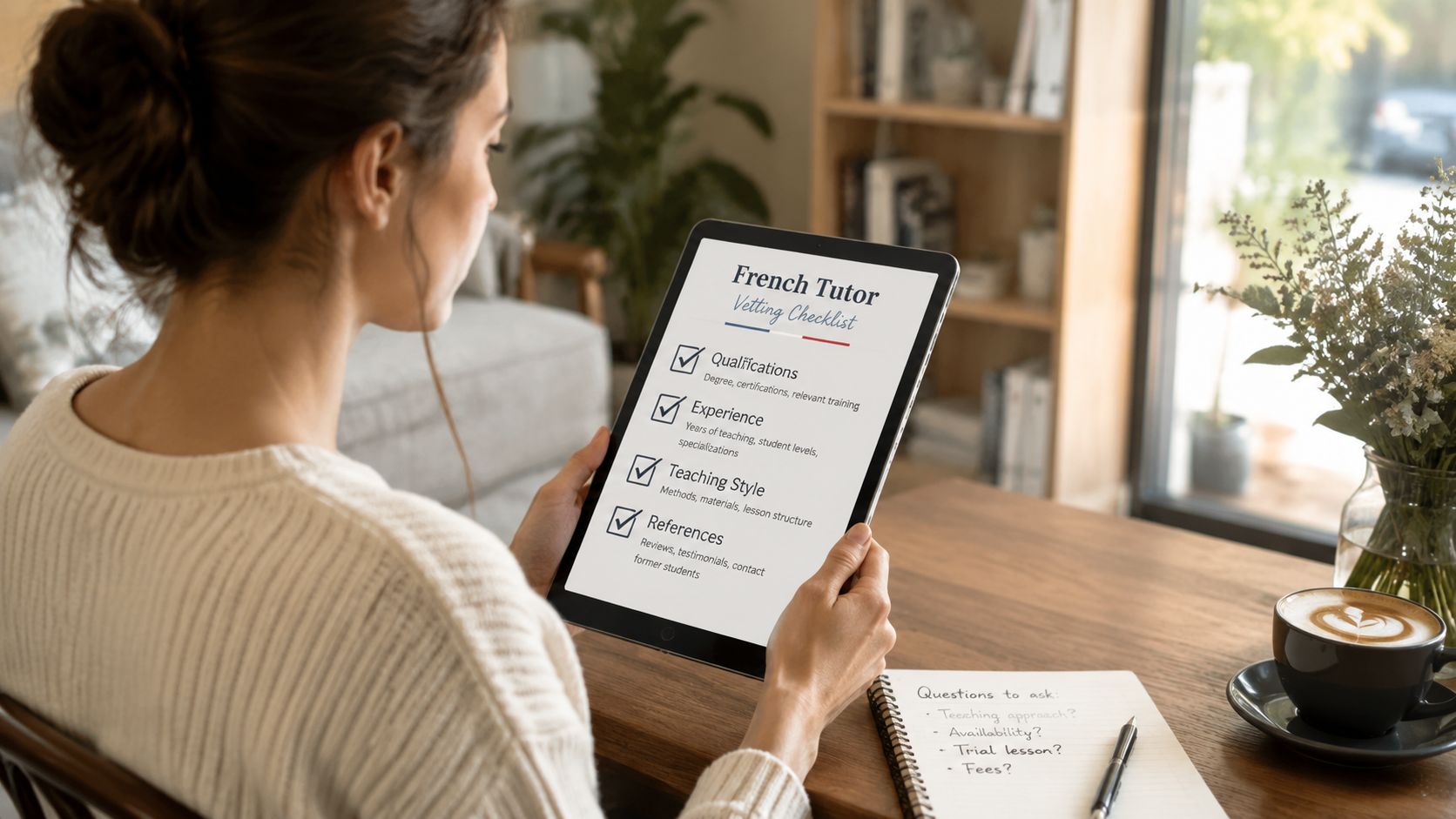 A woman reviewing a French tutor vetting checklist on a tablet at a wooden desk.