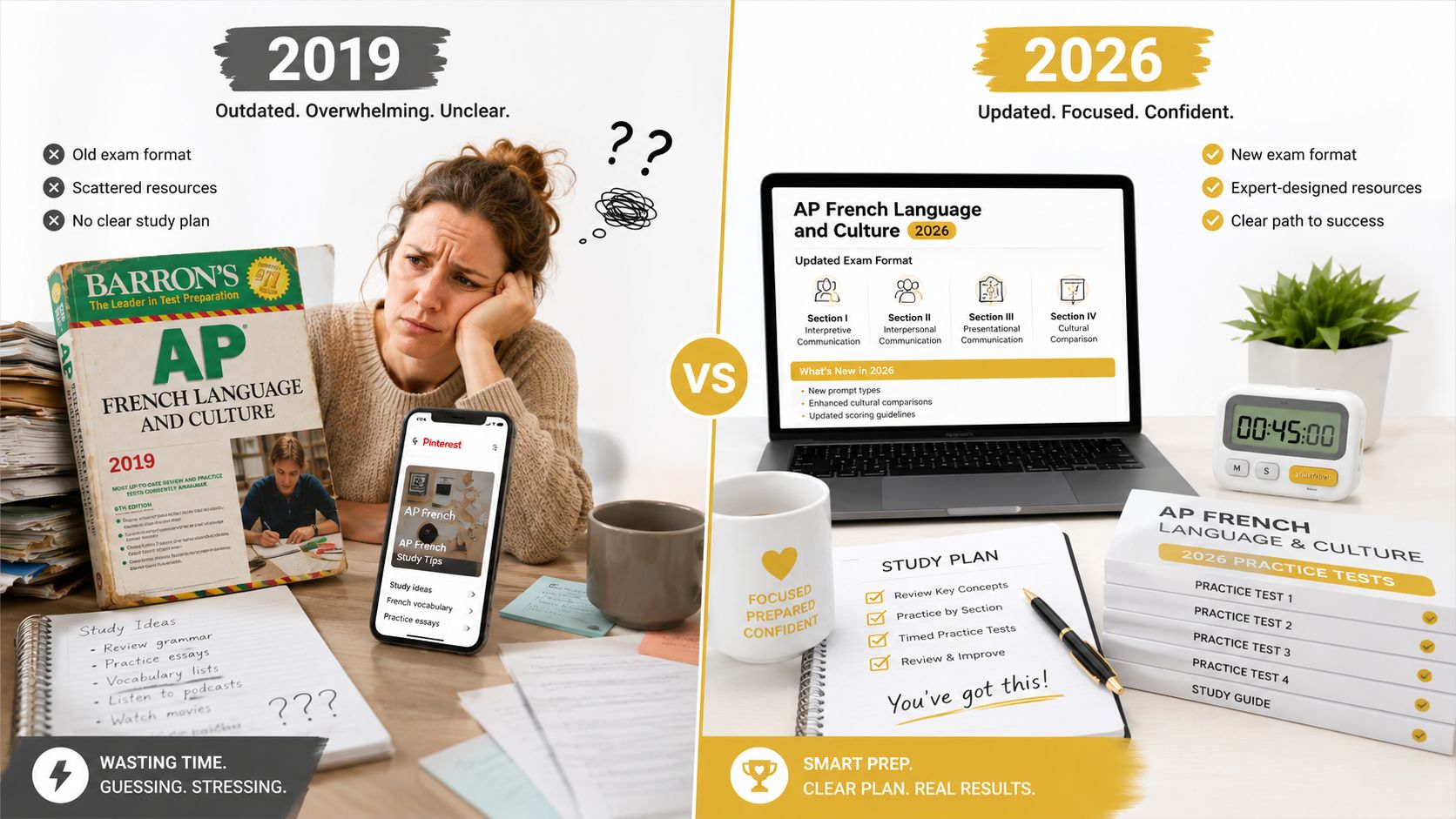 A comparison between an outdated 2019 AP French study method and a modernized, structured 2026 preparation approach.