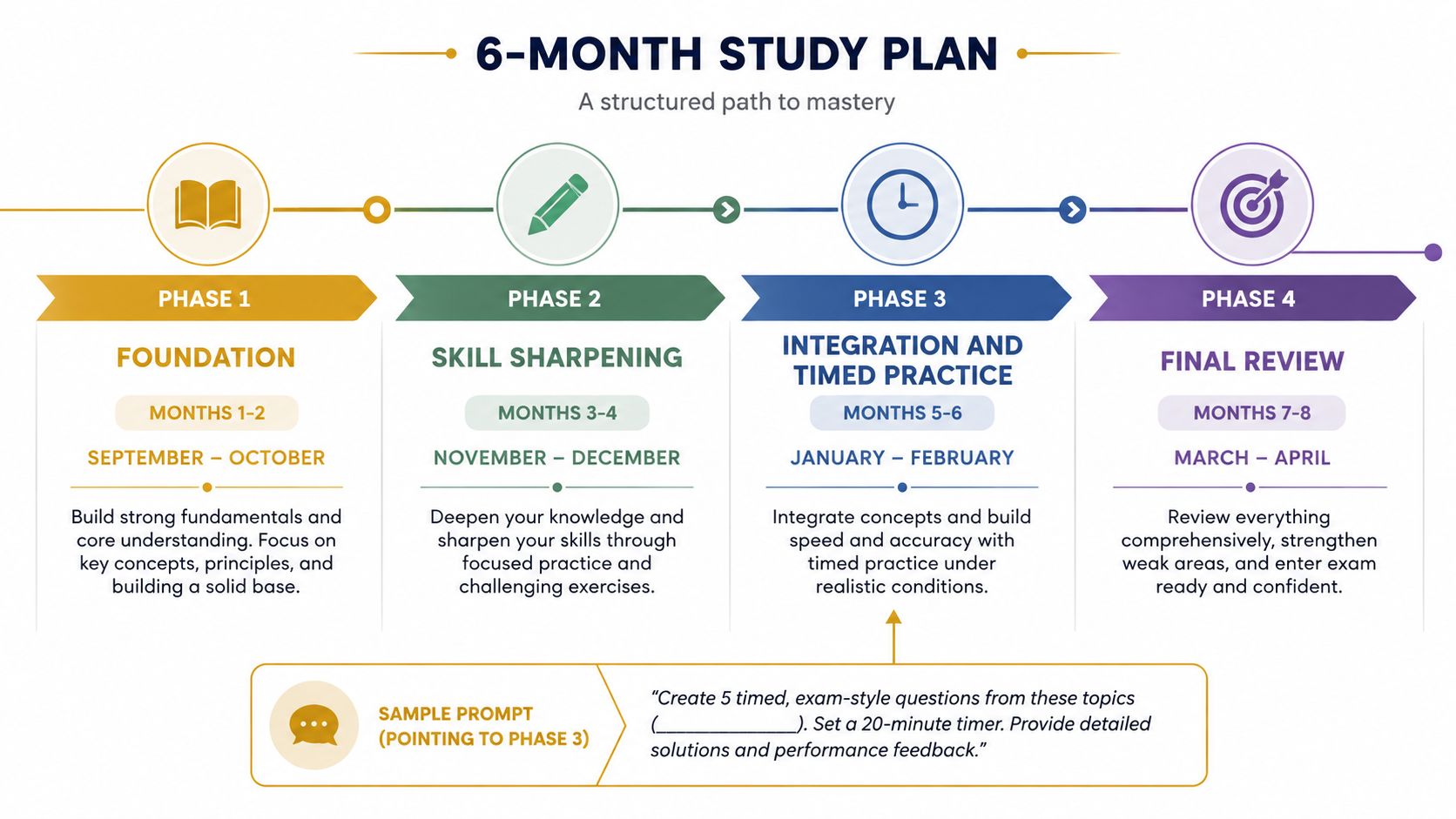 A structured four-phase study plan infographic for exam preparation covering foundation, skill sharpening, timed practice, and review.