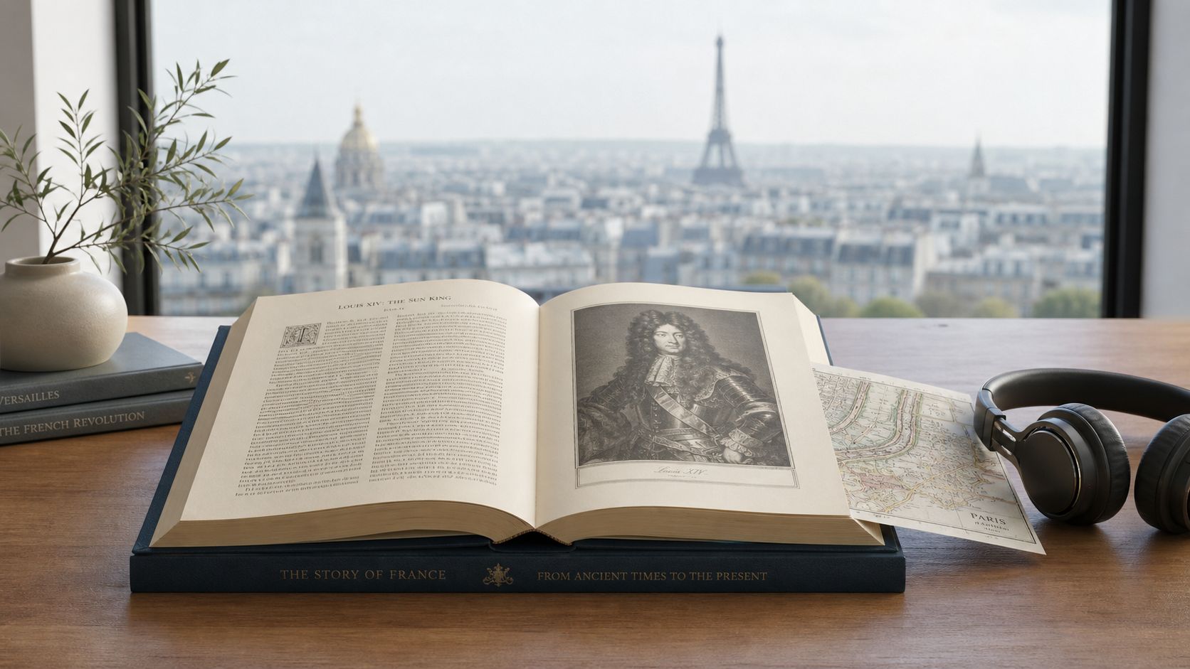An open book about French history sits on a desk with a view of Paris in the background.