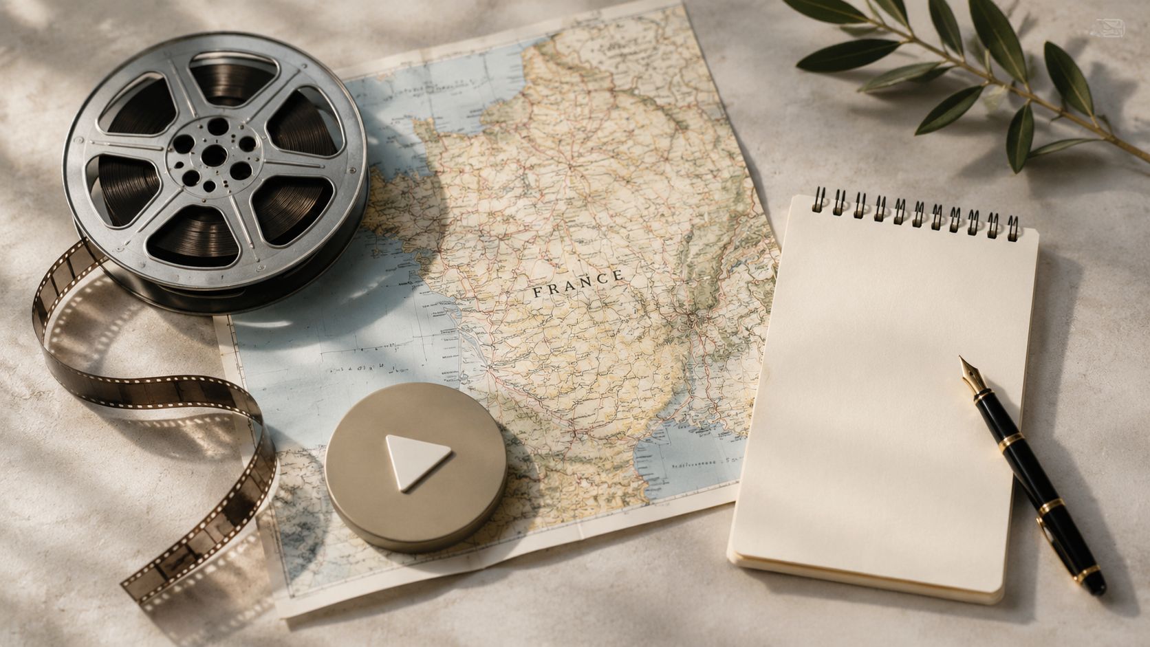 A film reel, a vintage map of France, a notebook, and a pen on a table.