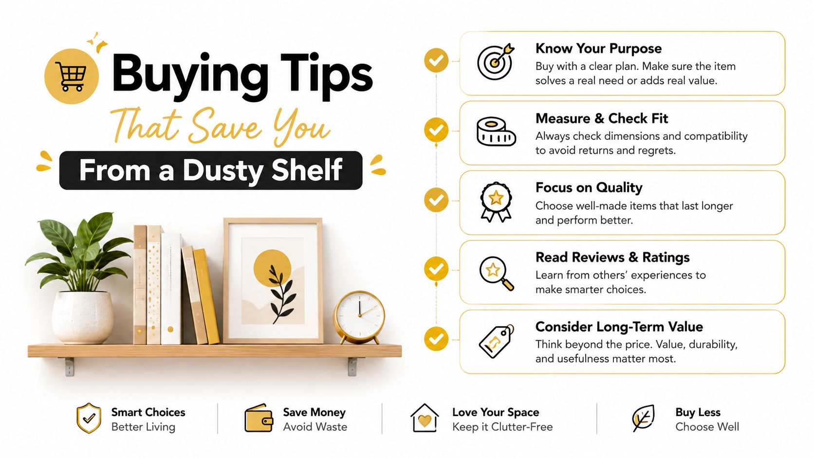 A helpful infographic featuring five essential tips for mindful shopping to avoid clutter and save money.