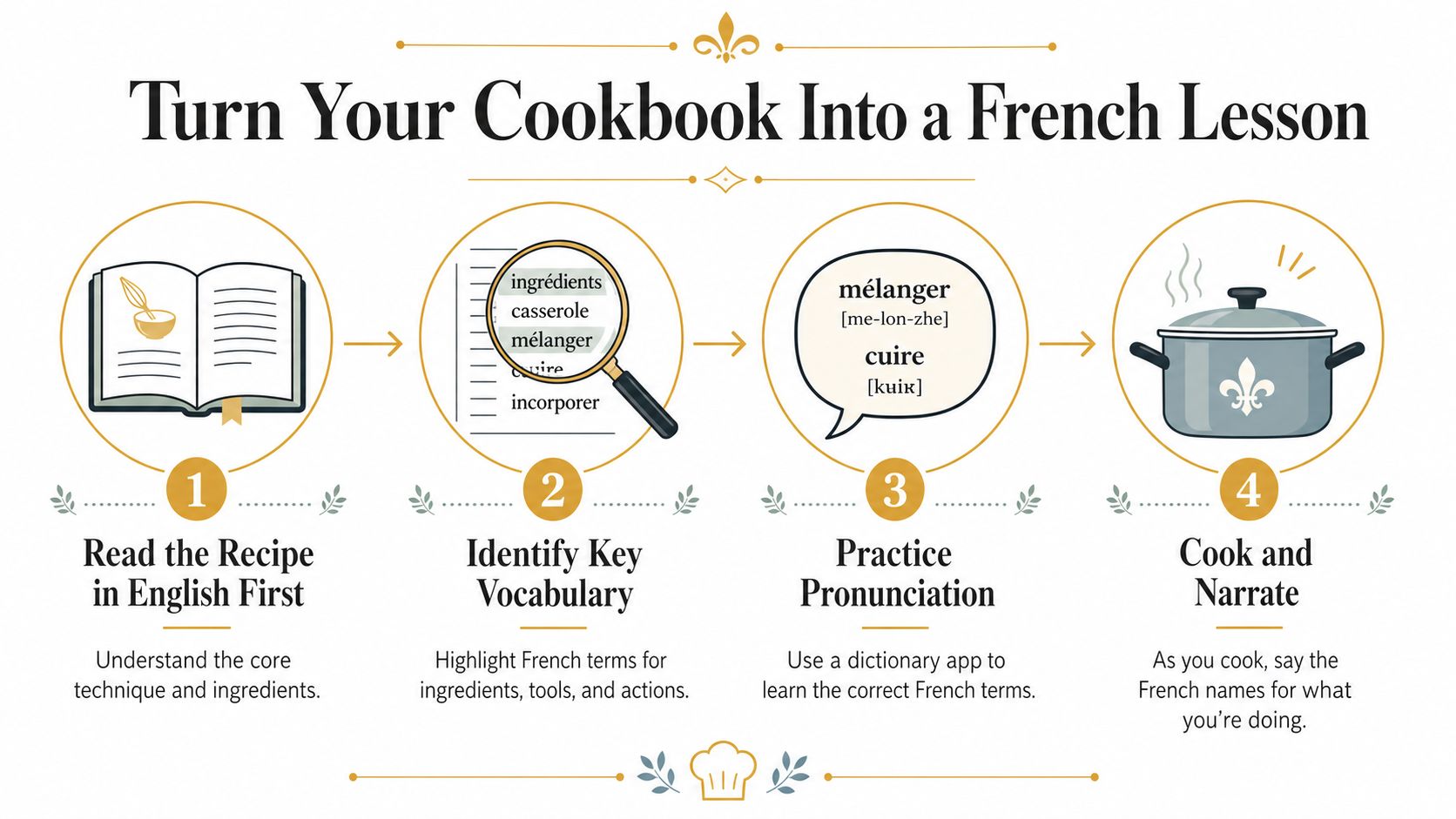 A step-by-step infographic titled Turn Your Cookbook Into a French Lesson showing four cooking learning stages.