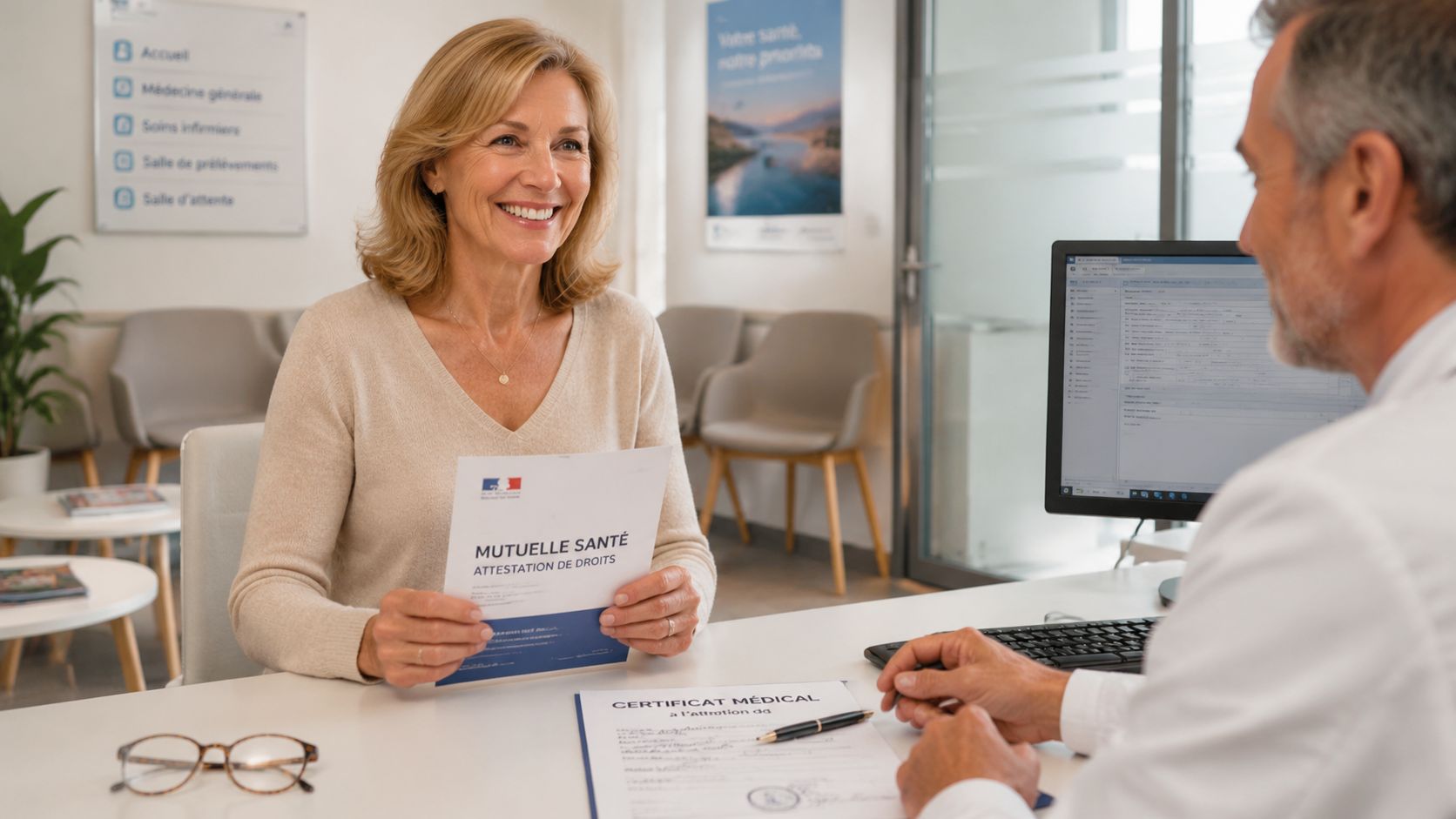 A woman smiling while holding her health insurance documents during a consultation with a doctor in France.