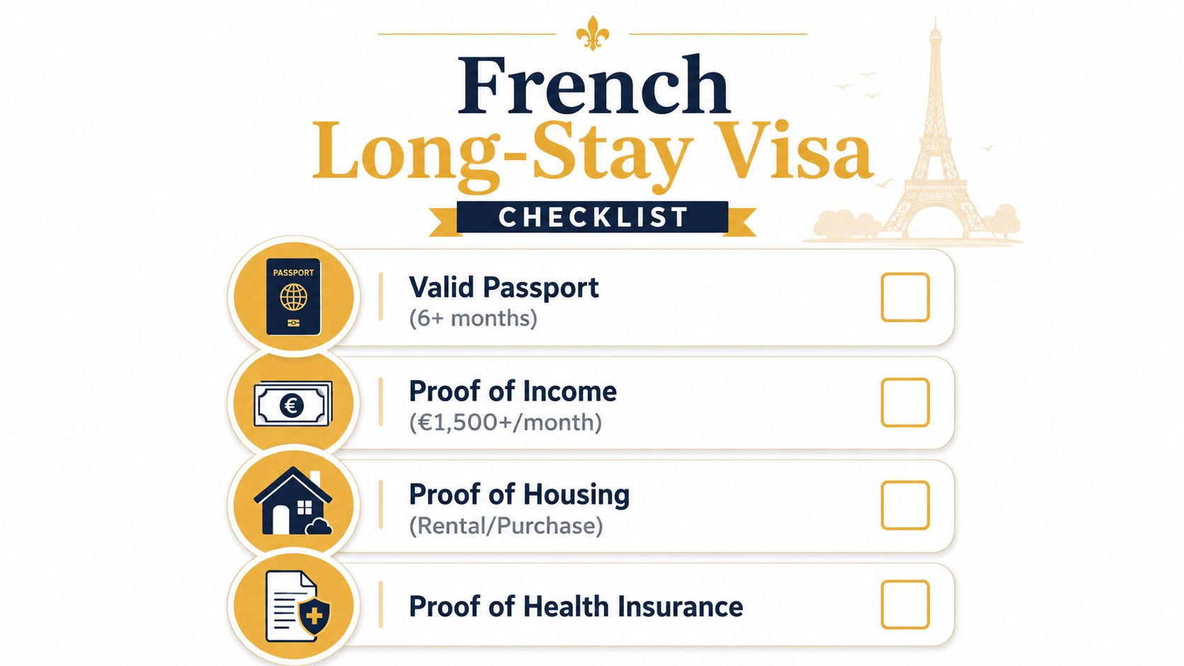 A checklist infographic for a French long-stay visa listing requirements like passport, income, housing, and insurance.