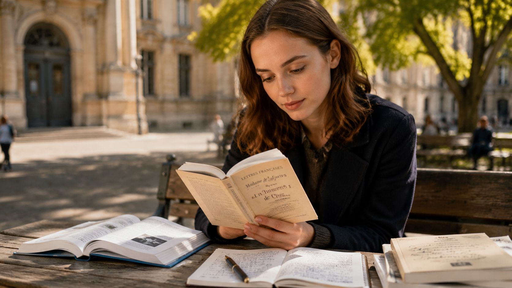 A young woman reading a French book while sitting at an outdoor wooden table with notebooks.