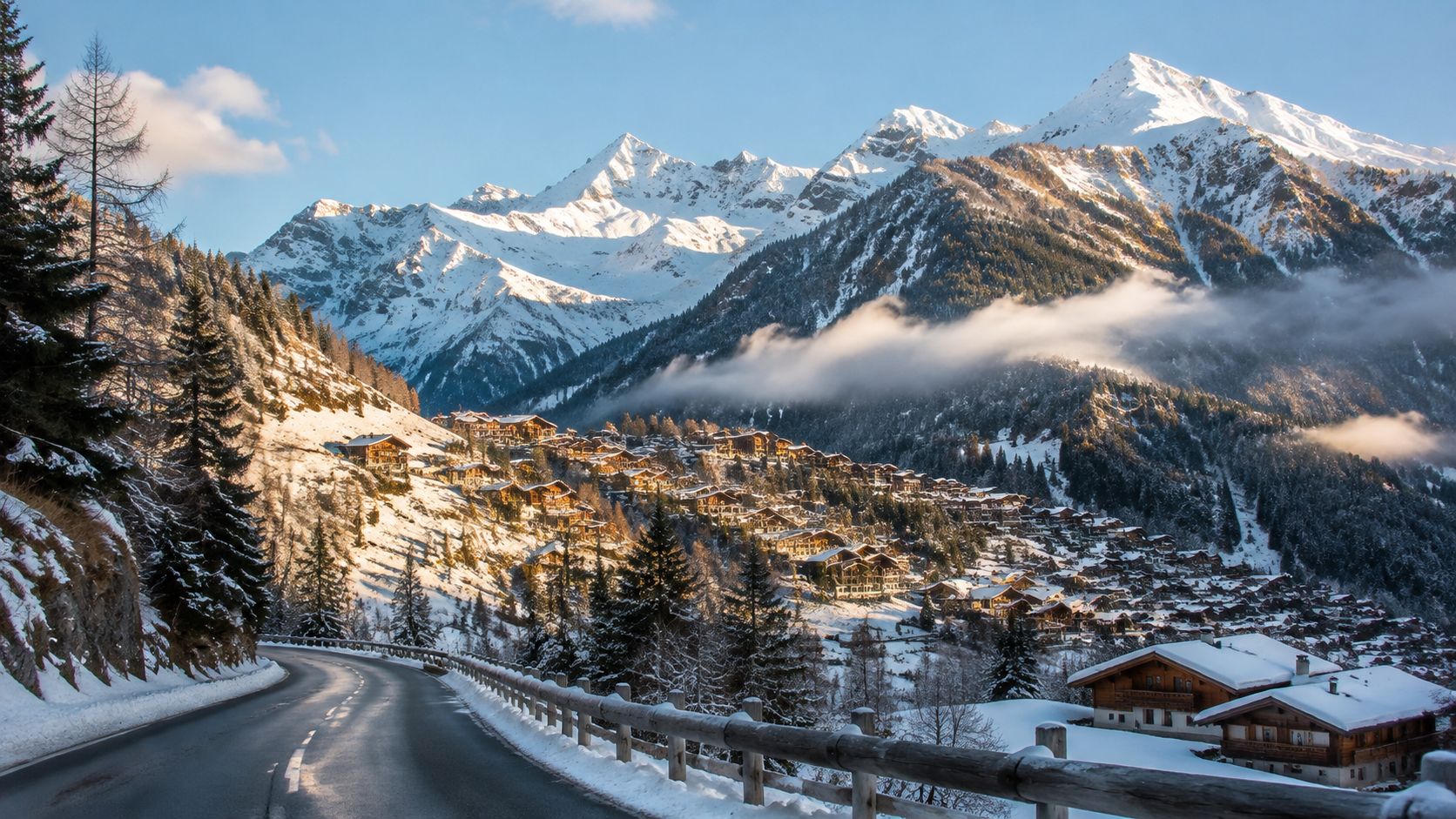 A picturesque view of the Courchevel ski resort nestled in the snow-covered French Alps during winter.